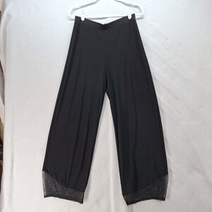 Sympli Dress Pants Womens 10 Black Jersey Wide Leg Pull On Mesh Hem Travel Knit